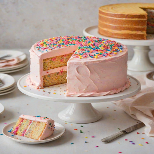 Generate an image of a beautifully decorated cake with a light pink frosting and colorful sprinkles on top. The cake is displayed on a white cake stand, and a slice of the cake is placed on a small plate beside it. The scene should have a warm, inviting atmosphere, with soft lighting that highlights the cake's texture and colors.
