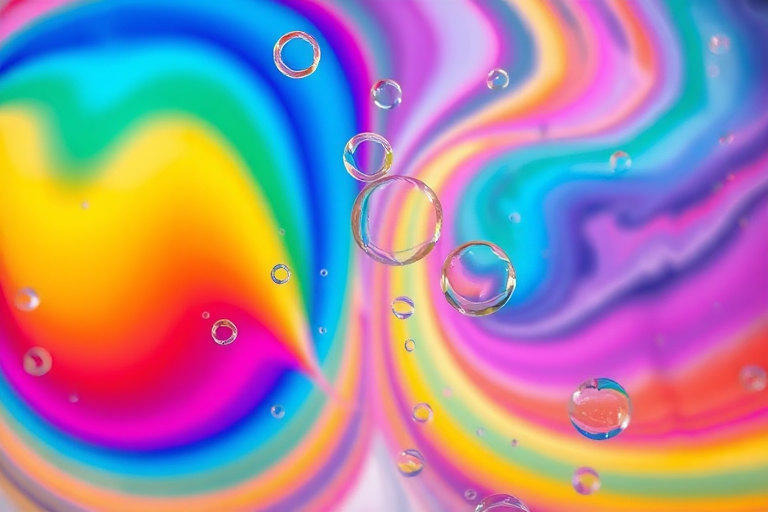 Create a vibrant abstract swirling rainbow pattern with floating bubbles, captured using a DSLR camera at f/2.8 aperture, 1/60 shutter speed, ISO 100, with a macro lens focus and a soft focus style for enhanced depth and color saturation.
