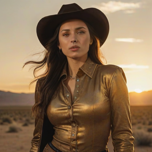 Dramatic photo of a beautiful Circassian woman, classic cowboy attire, confident and free spirit expression, half-length portrait, centered, golden hour desert landscape, warm, diffused light, low angle, medium format film camera, in style of Annie Leibovitz.