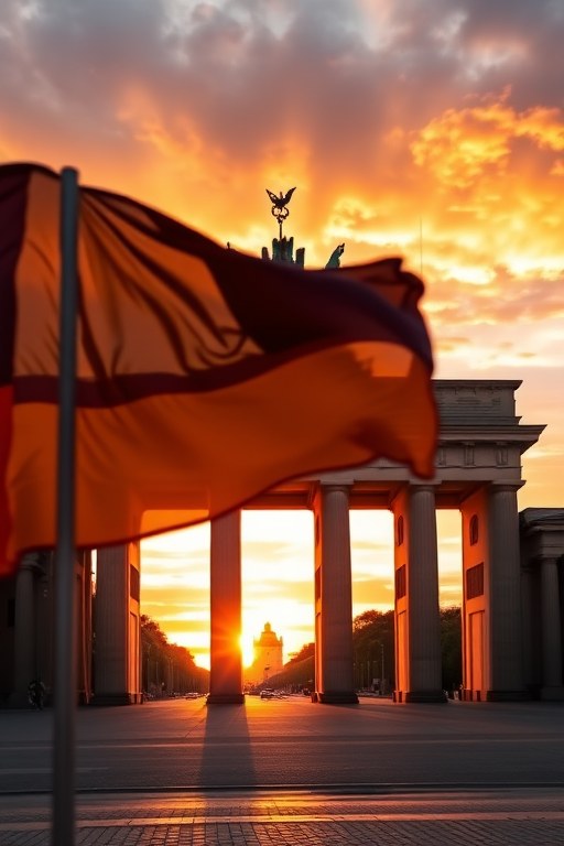 Create a high-resolution image of the Brandenburg Gate in Berlin, Germany, with a flowing German flag in the foreground, captured at sunset with an aperture of f/8, ISO 100, using a wide-angle lens, and a DSLR camera.