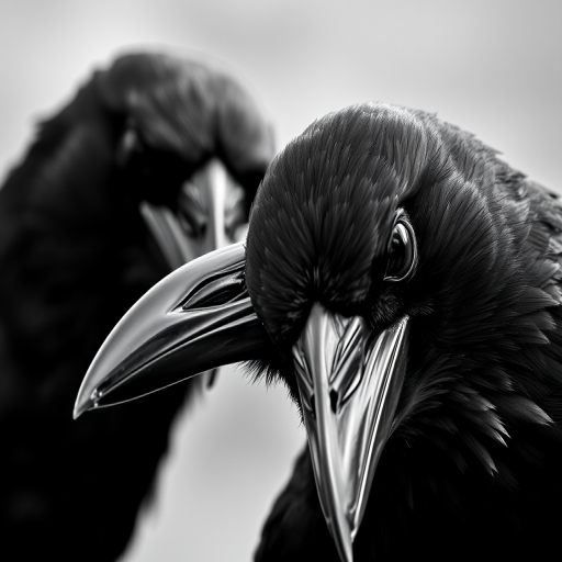 Two ravens close-up, sharp focus, high contrast black and white, f/2.8, 1/125s, ISO 200, macro lens, natural light, photographic style.