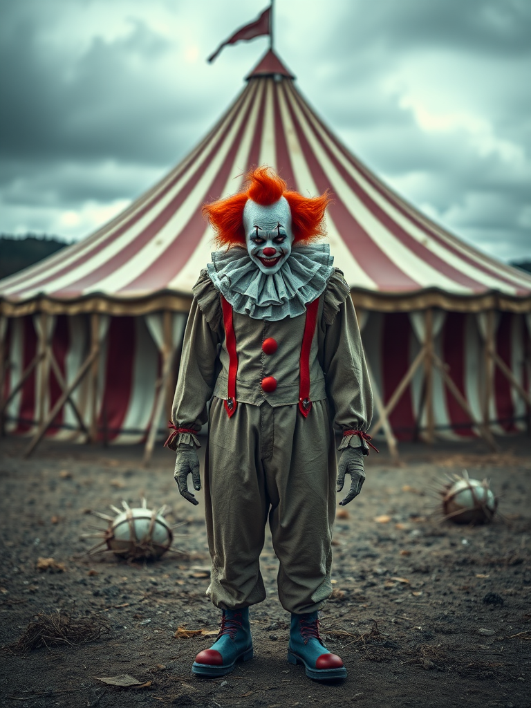 Create a high-resolution image of a creepy clown standing in front of a vintage circus tent in a desolate landscape, using a Canon EOS R5 with a 24mm f/1.4 lens, aperture set to f/4, ISO 100, with a slight vignette effect and dramatic contrast.