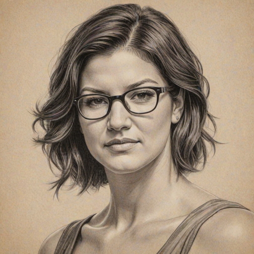 Charming Gina Carano, pencil sketch, portrait of Splendid woman 1924s in glasses, hair style beatnik, outline, clear lines, fine lines, 8k