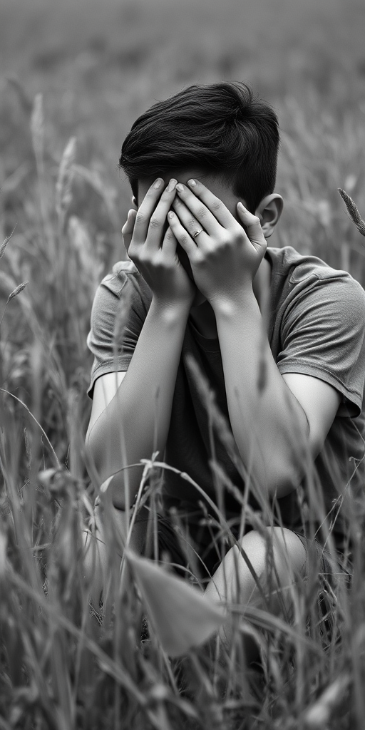 a young person sitting in a field of tall grass, covering their face with their hands, captured in black and white, evoking a sense of introspection and solitude