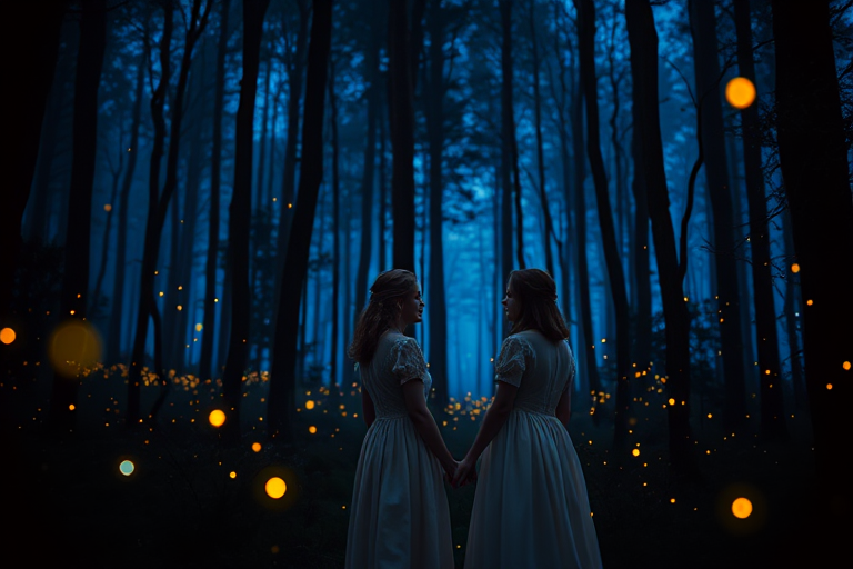A mystical forest scene with two women in vintage dresses under a glowing blue ambiance, surrounded by fireflies, captured with a Canon EOS R5, 50mm lens, f/1.8, ISO 200, 1/60s, in soft-focus style.