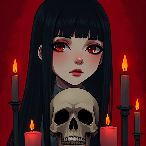 Create a high-resolution digital illustration of a stylized girl with straight black hair, a somber expression, and a skull surrounded by candles on a dark red background, using a Canon EOS R5 with a 50mm f/1.8 lens at f/2.8, shot in portrait mode with soft lighting and high contrast for dramatic effect.