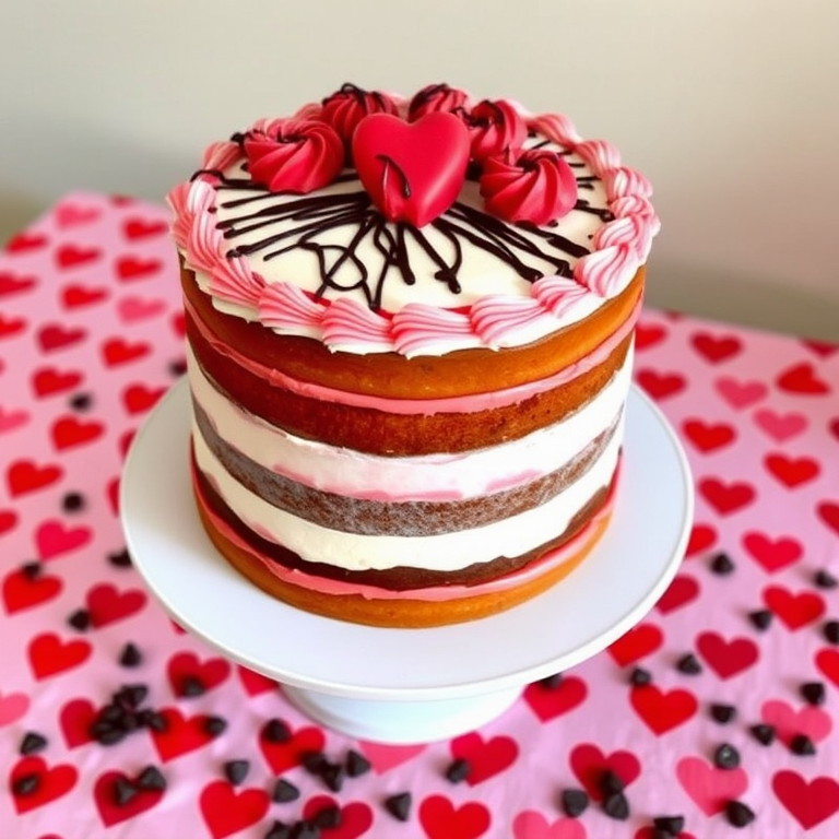 A beautifully decorated three-layer cake with red and white frosting, topped with swirls of red icing and chocolate drizzle, sitting on a white cake stand, surrounded by a red heart-patterned tablecloth and scattered chocolate chips.