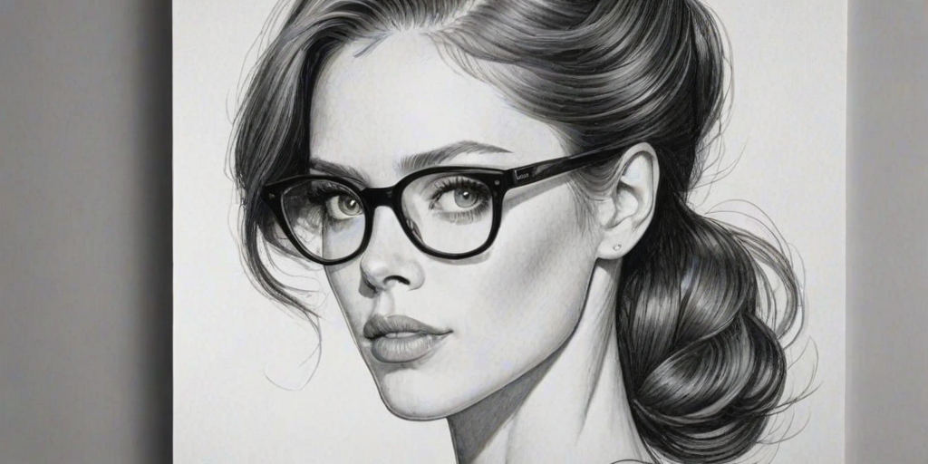 Gorgeous Coco Rocha, pencil sketch, portrait of Attractive woman 1943s in glasses, hair style beatnik, outline, clear lines, fine lines, 8k