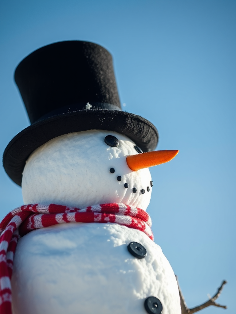 create a photorealistic image of a snowman wearing a black hat and red scarf, set against a clear blue sky, using a Canon EOS 5D Mark IV with a 50mm lens at f/2.8, ISO 100, and a shallow depth of field for enhanced clarity and quality