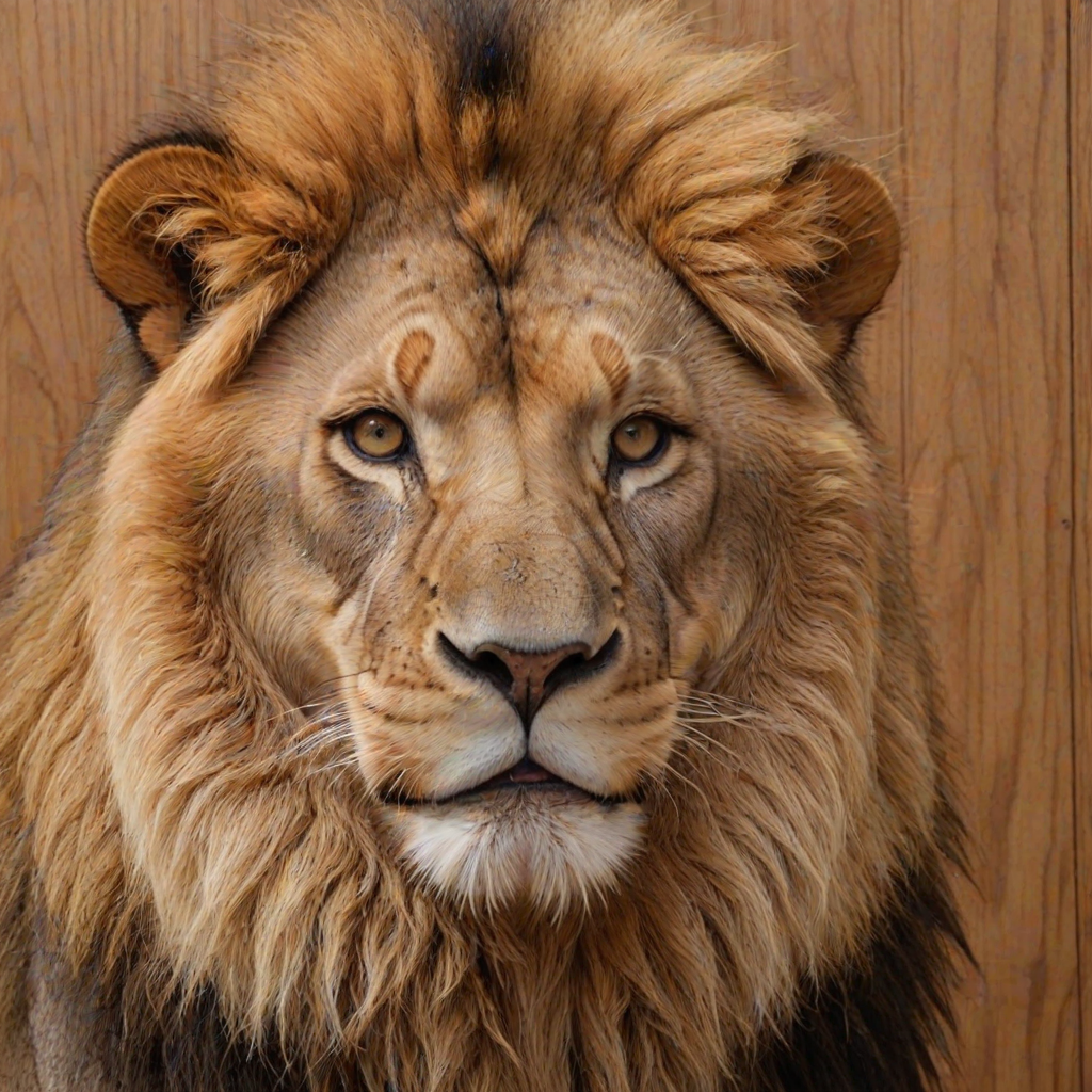 photorealism. a lion, sitting, doing duck face with its lips. plain wood panel bg