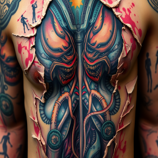 Biomechanical horror tattoo revealing grotesque alien anatomy beneath torn skin, incorporating hyperrealistic textures and vibrant colors for a truly unsettling