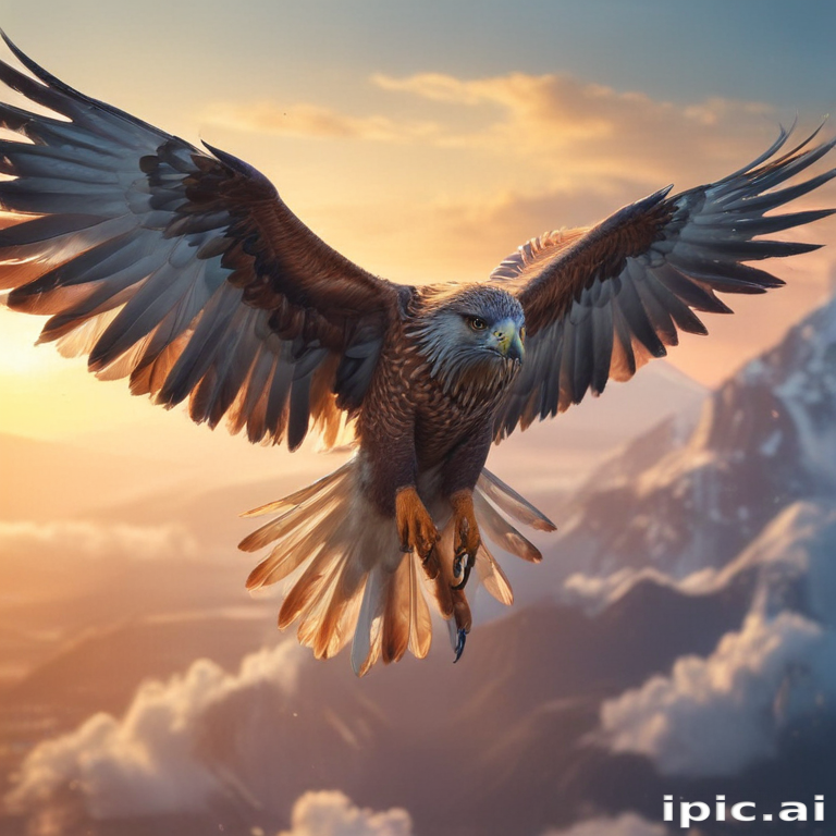 Majestic Eagle Soaring Through the Vibrant Skies Over Majestic Mountains.