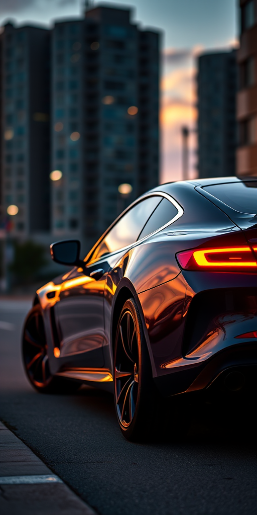 Create a high-resolution image of a sleek, modern car parked in an urban setting at sunset, with a shallow depth of field, using a DSLR camera at f/2.8, ISO 100, 1/200s, in portrait orientation.