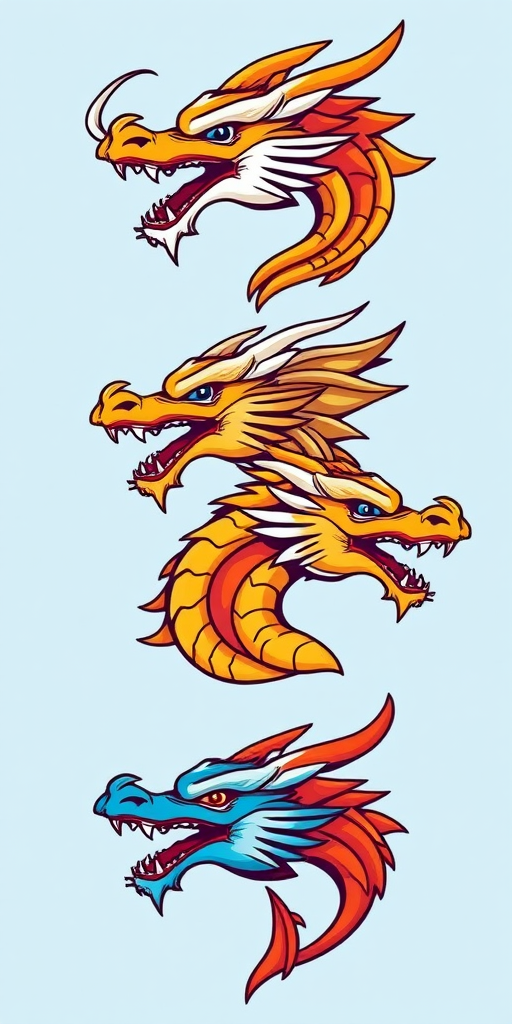 Regenerate a collection of four stylized dragon heads on a light blue background, use a Canon EOS 5D Mark IV, 50mm f/1.8 lens, aperture f/2.8, ISO 100, with vibrant color saturation and sharp focus, centered composition, digital illustration style.