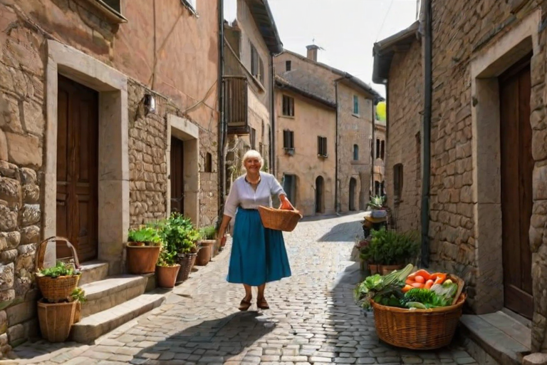 Old cobblestone street in an Italian village, with narrow alleys winding between stone houses and a woman carrying a basket of fresh produce from the market.