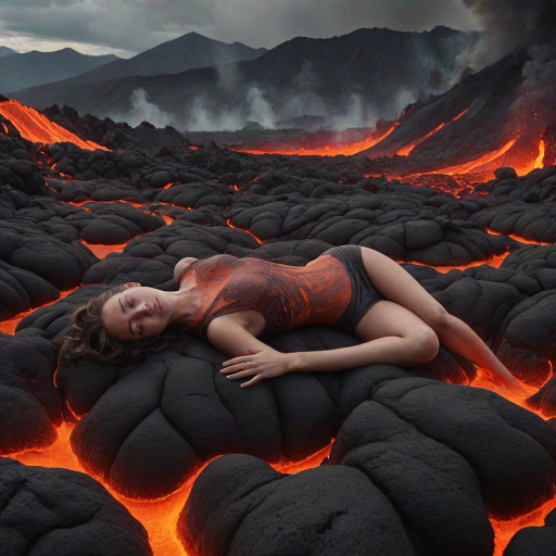 A surreal, detailed image of a woman lying comfortably in flowing lava, with gray smoke rising around her. She appears relaxed despite the molten surroundings, with a volcanic landscape and distant mountains in the background. The scene is vivid, with the bright lava contrasting against the dark, smoky atmosphere.