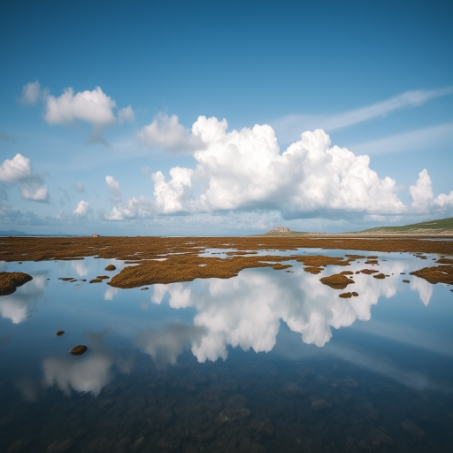 Regenerate a serene coastal landscape with a clear sky and fluffy clouds reflected in tranquil water, using a DSLR camera, 24mm lens, f/8 aperture, ISO 100, at a low angle view to enhance depth and detail.