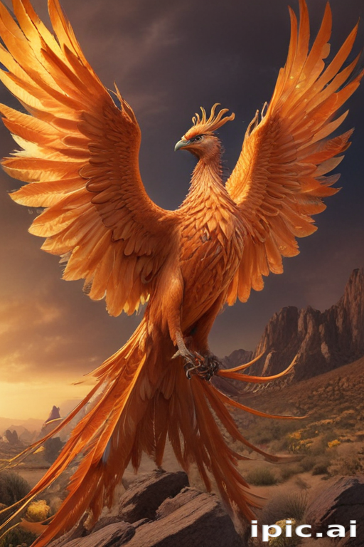 Majestic Phoenix Rising from the Ashes in a Fiery Landscape