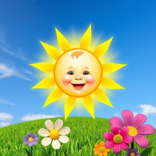 Create an image shows a bright, sun with a smiling baby's face in the center, radiating soft yellow rays. The sun is set against a clear blue sky with a few wispy clouds. Below, there's a lush green grassy hill with colorful, oversized flowers, giving the scene a whimsical, playful atmosphere.