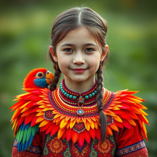 A beautiful Uzbek girl, wearing colorful bird clothing with vibrant colors