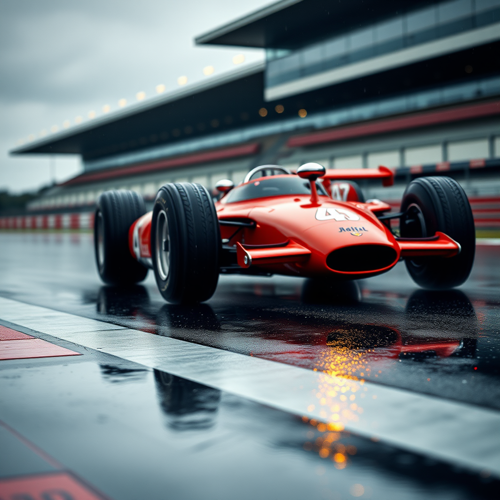 highly detailed shot of a classic red race car on a wet track with reflections, shallow depth of field, low-angle view, ISO 100, aperture f/2.8, shutter speed 1/250s, DSLR camera, 50mm lens, enhanced color saturation and contrast