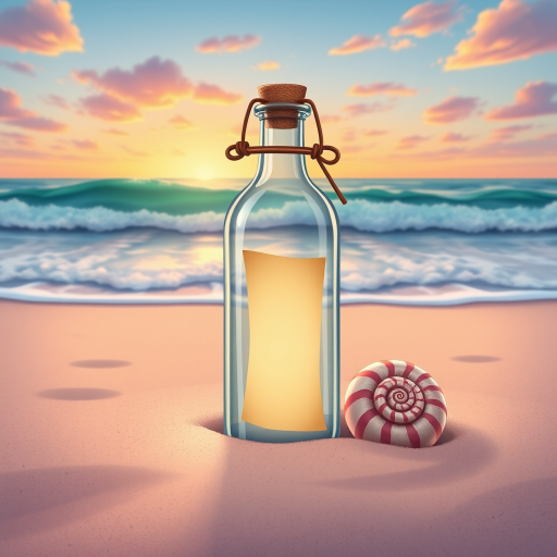 Create a high-resolution illustration of a glass bottle on a sandy beach, with a parchment inside, surrounded by a pink shell and a spiral shell, vibrant ocean waves in the background, soft pastel colors in a serene sunset, captured with a full-frame DSLR camera, 50mm lens, f/8 aperture, and ISO 100 for clarity and detail.