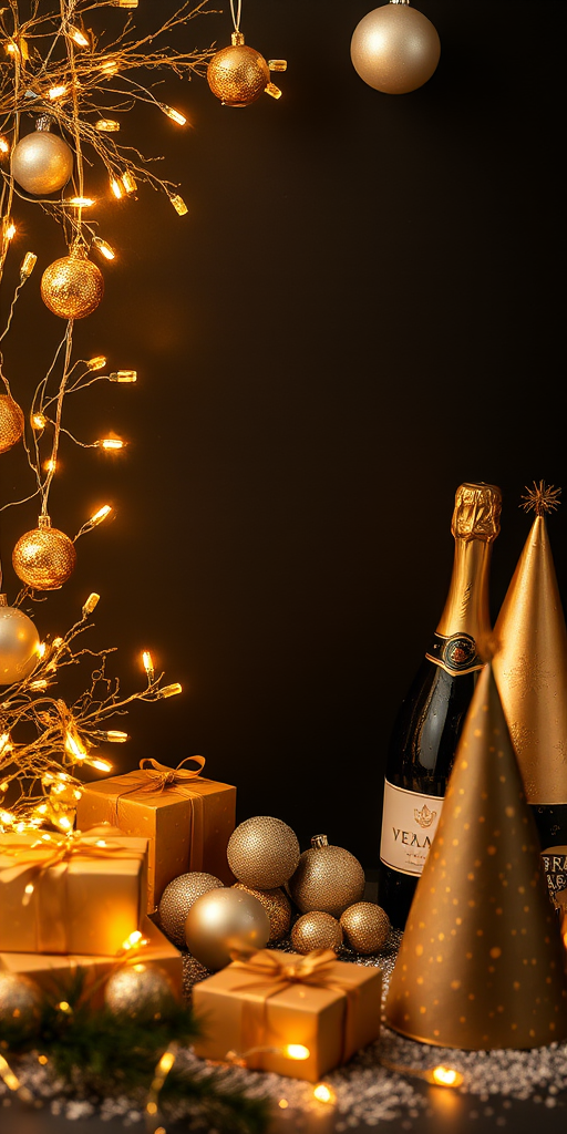 Create a festive New Year's celebration scene with a dark background. Include elements like gold and silver ornaments, twinkling fairy lights, small wrapped gifts, a bottle of champagne, and party hats. Arrange everything in a way that creates a warm and inviting atmosphere, ensuring there is space for text or additional elements in the center.