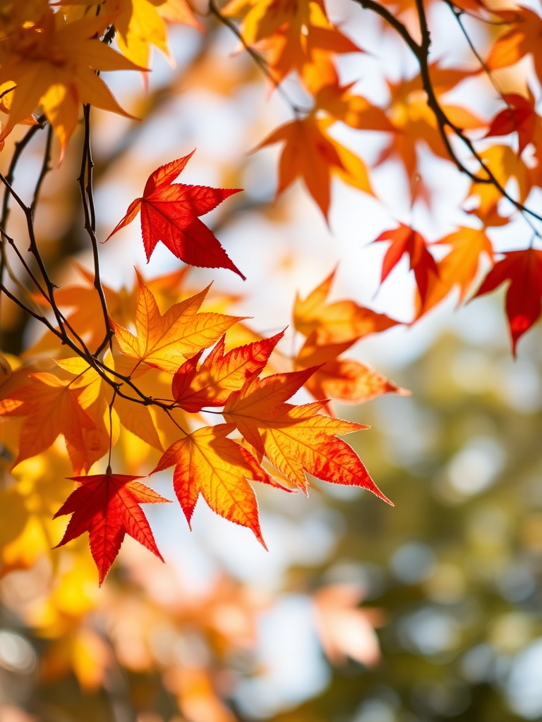 Generate an image of colorful autumn leaves in a vibrant arrangement, using a Canon EOS R5 camera with a 50mm lens, aperture set to f/1.8 for a shallow depth of field, and a bright, soft natural light setting to enhance colors.
