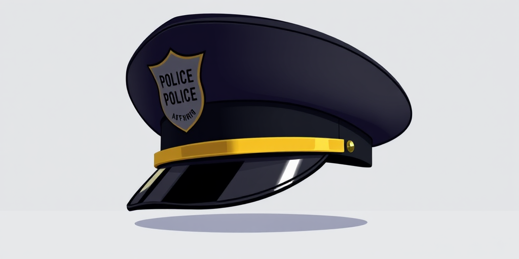 Create an illustration of a police cap with a black top and yellow band, using a digital art style, with a camera angle from slightly above to emphasize the shape, applying a high-resolution setting of 300 DPI and a soft-focus background to enhance the cap's details.
