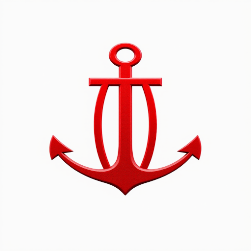 Create a high-resolution image of a red anchor symbol with a clean background, using a DSLR camera set to f/8 aperture, ISO 100, shutter speed 1/200 sec, shot from a straight-on perspective.