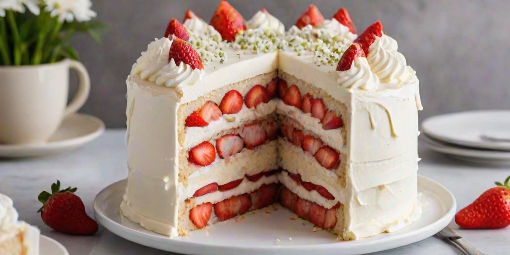 Create an image of a beautifully layered vanilla cake with fresh strawberries and whipped cream frosting. The cake should have multiple layers, showcasing a filling of strawberries between the layers. Top the cake with a generous amount of whole strawberries and small white flowers for decoration. Display the cake on a white plate with a slice removed to reveal the layers inside.
