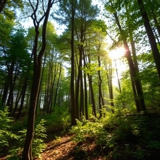 Create a high-resolution image of a tranquil forest scene with sunlight filtering through the trees, using a DSLR camera at f/2.8, 1/125s shutter speed, ISO 100, wide-angle lens, natural lighting, and a slight vignette for emphasis on the center of the image.