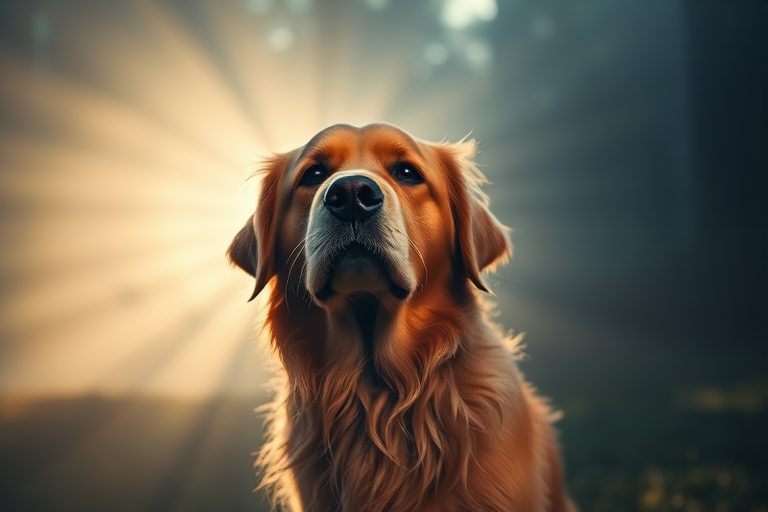 Captured with a Canon EOS R5, 50mm lens, aperture f/1.8, ISO 100, 1/200 sec, low angle view, soft focus, chiaroscuro lighting, emphasize the golden retriever against a misty background with dramatic light rays.