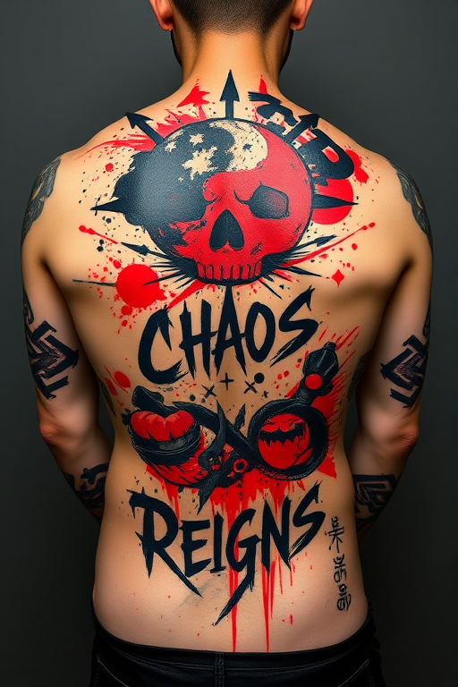 Edgy trash polka tattoo called "Chaos Reigns" combining bold red and black elements with abstract shapes and typography, creating a dynamic and visually striking full back piece