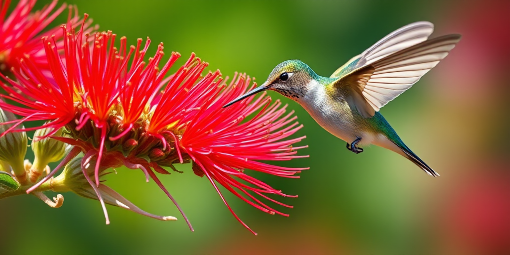 Capture a close-up of a hummingbird hovering near a vibrant red bottlebrush flower, with a shallow depth of field, focal length of 200mm, aperture set to f/2.8, ISO 400, using a DSLR camera in natural light.