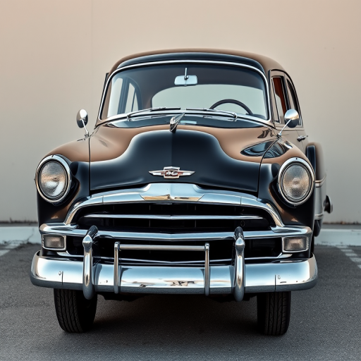 Regenerate the image of a classic black car with chrome accents parked against a neutral background, using a DSLR camera with a 50mm lens at f/1.8, ISO 100, and a shutter speed of 1/200 sec, in a three-quarter front view to enhance details and depth.