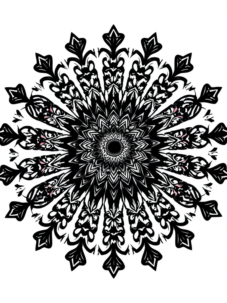 regenerate an intricate black and white mandala design with symmetrical floral patterns, high-resolution, 50mm lens, f/8 aperture, ISO 100, top-down view, digital illustration style