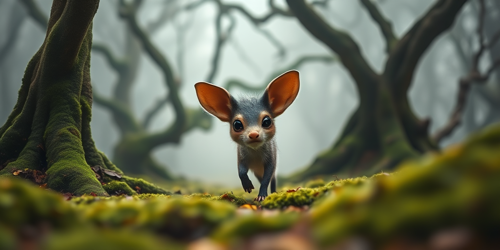A small, whimsical creature with large ears and an expressive face walking through a misty forest with twisted trees, rich green moss covering the ground, captured with a DSLR camera at 50mm, f/1.8 aperture, ISO 200, shallow depth of field for a bokeh effect, soft natural lighting.