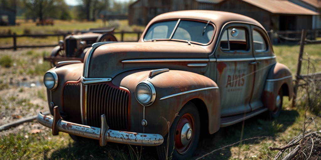 A vintage 1940s rusty car prominently displayed in a rural setting, captured with a DSLR camera at f/2.8 aperture, 1/250 shutter speed, ISO 100, 35mm lens, slight tilt-shift perspective for depth, natural lighting for soft shadows.