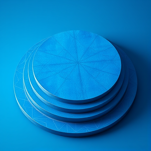 Create a high-resolution 3D render of a circular, tiered platform with a smooth blue surface and intricate geometric patterns, using a Canon EOS R5 with a 50mm lens, f/8 aperture, ISO 100, at a slight top-down angle with soft studio lighting for enhanced detail and depth.