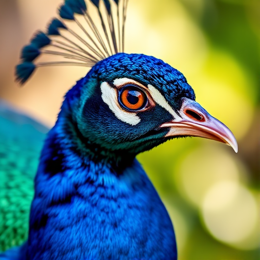 Peacock portrait with vibrant blue and green plumage, shallow depth of field, 50mm lens, f/1.8, ISO 200, natural light, focus on the eye, soft bokeh background.