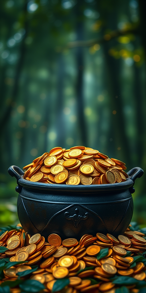 Create a highly detailed close-up image of a large pot overflowing with shiny gold coins, set in a lush, mystical forest background with soft bokeh and sparkling light effects, captured with a Canon EOS R5 at f/1.8, ISO 100, shutter speed 1/200s, using a 50mm lens for a shallow depth of field.