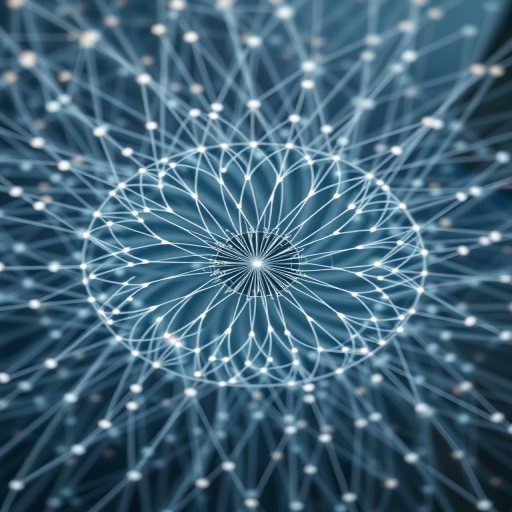 Create a high-resolution abstract visualization of interconnected lines and nodes forming a circular pattern, captured with a DSLR camera at f/8 aperture, ISO 100, 50mm lens, and a shallow depth of field to enhance focus on the center, shot from a top-down aerial view.