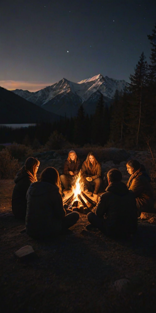 Warm, intimate image of a group of friends gathered around a campfire on a chilly night, soft glow from the flames casting warm shadows, distant mountains barely visible in the dark.