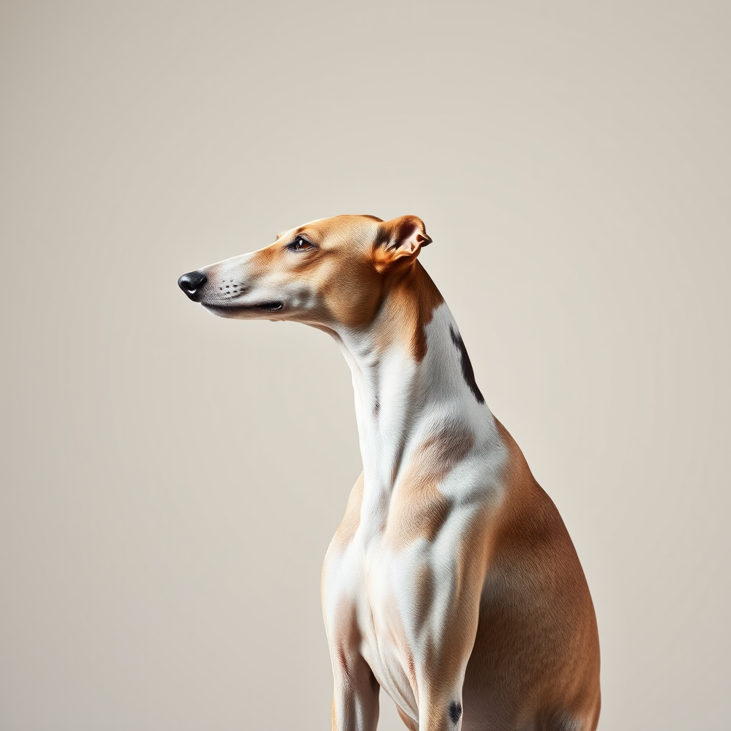 Create an image of a greyhound standing in profile against a neutral background with sharp focus, using a Canon EOS 5D Mark IV, 50mm f/1.8 lens, aperture set to f/2.8, ISO 100, and natural lighting for enhanced clarity and detail.