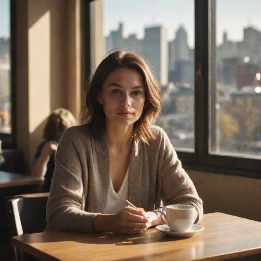 Soft-focus image of a woman sitting at a cafetable, her face illuminated by soft afternoon light, with a steaming cup of coffee in front of her and the city bustling just beyond the window.