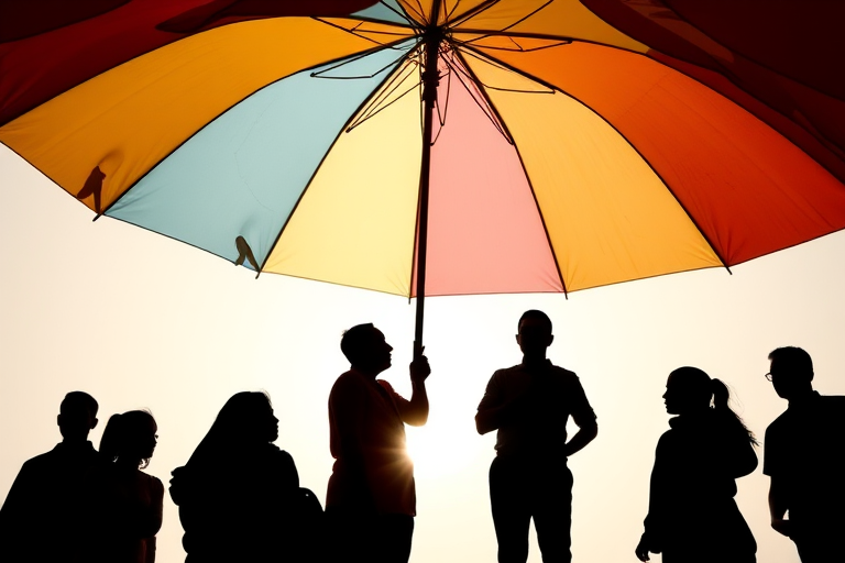 Create an image of a diverse group of silhouetted individuals standing beneath a large, colorful umbrella, soft gradient background, focus on silhouette details, using a DSLR camera, aperture f/4, shutter speed 1/125s, ISO 200, wide-angle lens, top-down view.