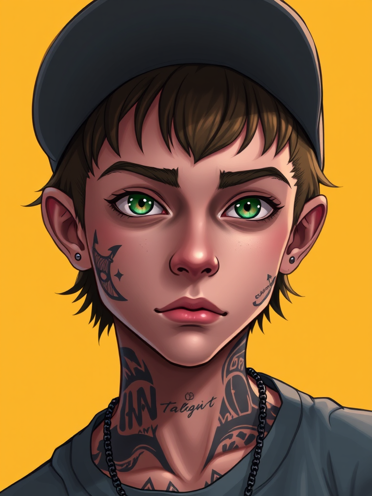 Create a detailed illustration of a young person with green eyes and various tattoos on their neck and face, wearing a cap, set against a plain yellow background; use a high-resolution digital art style with a focal length of 50mm, aperture set to f/2.8, and a soft focus effect to enhance depth and character details.