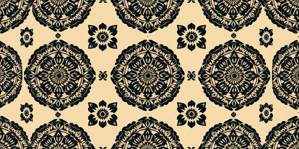 Create a seamless pattern of circular motifs with intricate designs in black and beige, captured with a Canon EOS R5 using a 50mm f/1.8 lens, ISO 100, aperture f/8, and shutter speed 1/60, viewed from a top-down perspective in bright, even lighting.
