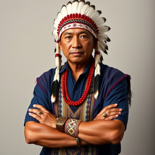 Create a dignified portrait of a Native American man dressed in traditional attire. He wears a beautifully crafted headdress adorned with white feathers and red beads, along with a beaded headband featuring intricate patterns. His clothing includes a deep blue, patterned shirt and a traditional chest piece with detailed beadwork. His arms are crossed, displaying leather armbands decorated with feathers. The background is simple and neutral, emphasizing his proud and stoic expression. The overall image captures the rich cultural heritage and strength of his persona.